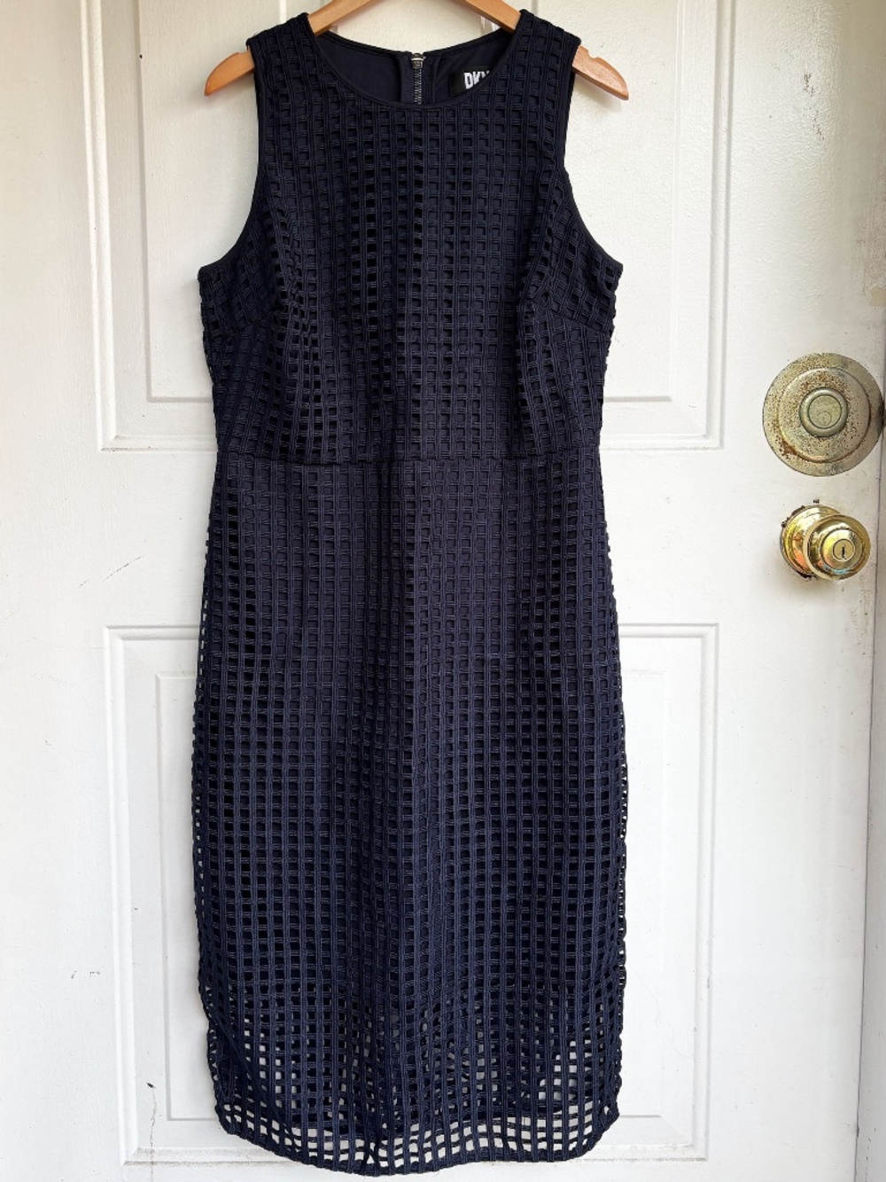 DKNY Women Navy Blue Mesh Grid Sleeveless Midi Dress Lined Back Zip Openwork